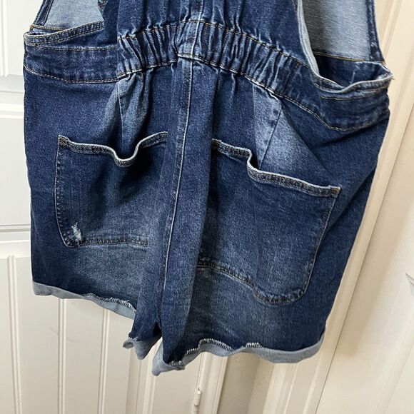 No Boundaries Shortall Womens XXL Blue Denim Bib Overalls Shorts Cuffed Hem - Picture 5 of 8